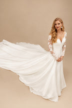 Rutipo Ivory Boho Lace Long Sleeves Princess Wedding Dresses