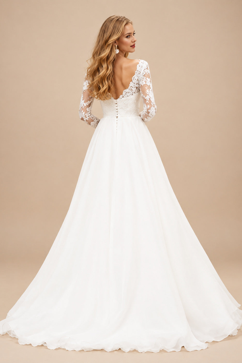 Rutipo Ivory Boho Lace Long Sleeves Princess Wedding Dresses