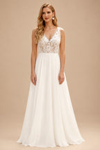 Rutipo Ivory A-Line V-Neck Sleeveless Chiffon/Lace Beach Wedding Dresses With Split Front