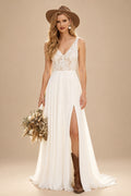 Rutipo Ivory A-Line V-Neck Sleeveless Chiffon/Lace Beach Wedding Dresses With Split Front