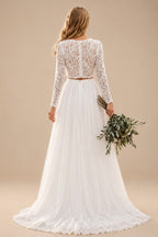 Rutipo Ivory A-Line Scoop Neck Long Sleeves Lace/Tulle Wedding Dresses With Split Front
