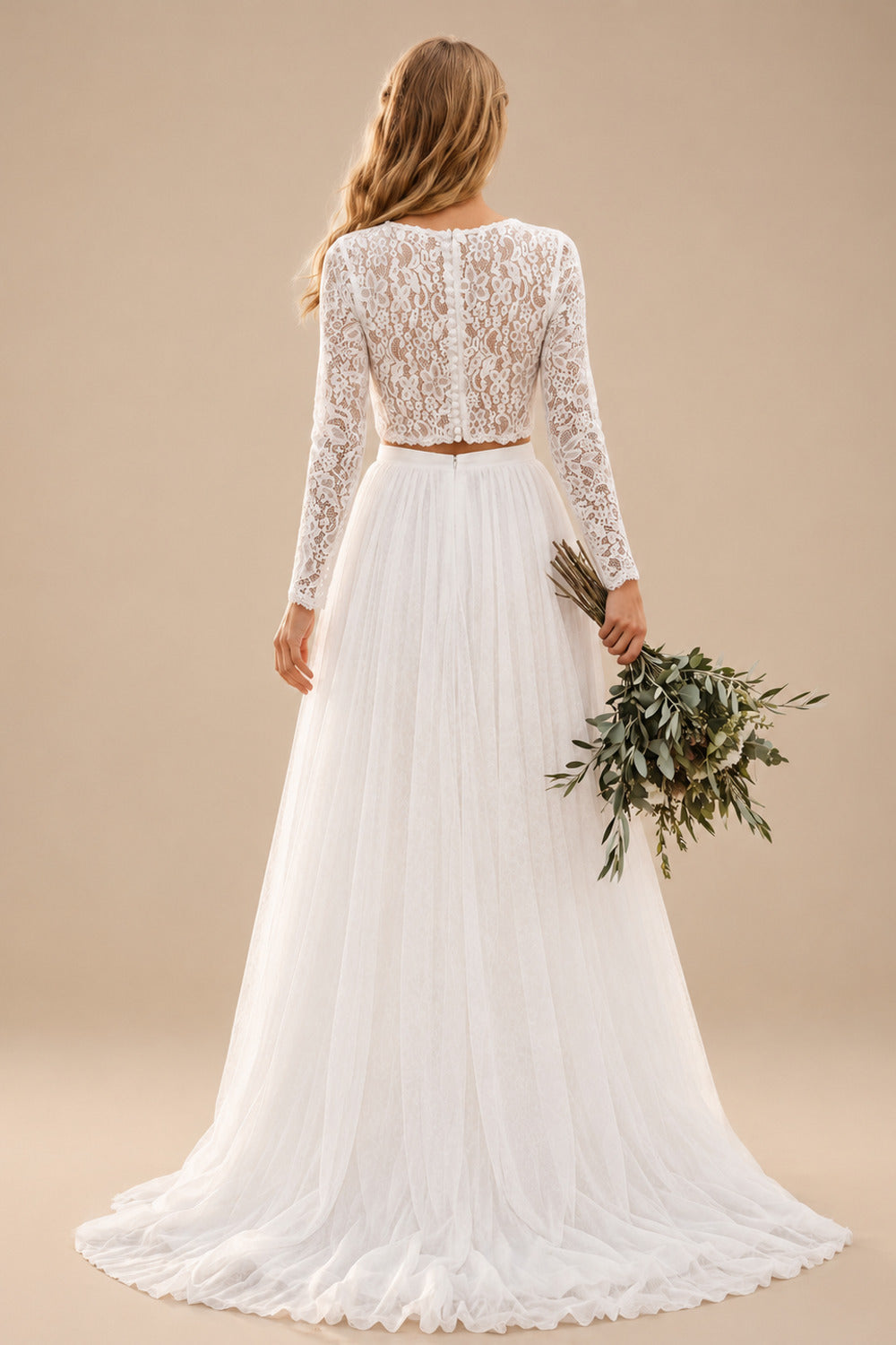 Rutipo Ivory A-Line Scoop Neck Long Sleeves Lace/Tulle Wedding Dresses With Split Front