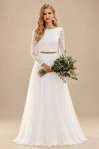 Rutipo Ivory A-Line Scoop Neck Long Sleeves Lace/Tulle Wedding Dresses With Split Front