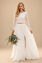 Rutipo Ivory A-Line Scoop Neck Long Sleeves Lace/Tulle Wedding Dresses With Split Front
