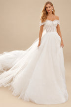 Rutipo Ivory Boho A-Line Off-The-Shoulder Tulle Wedding Dresses With Sequins