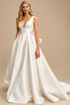 Rutipo Ivory V-Neck Satin A-Line Slit Wedding Dresses With Bow