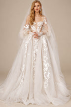 Rutipo As Picture Boho Lace Tulle Off-The-Shoulder Long Sleeves Wedding Dresses