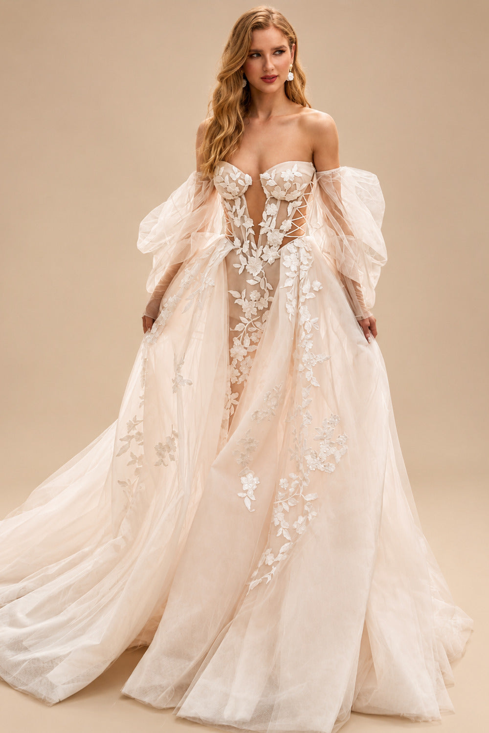 Rutipo As Picture Boho Lace Tulle Off-The-Shoulder Long Sleeves Wedding Dresses