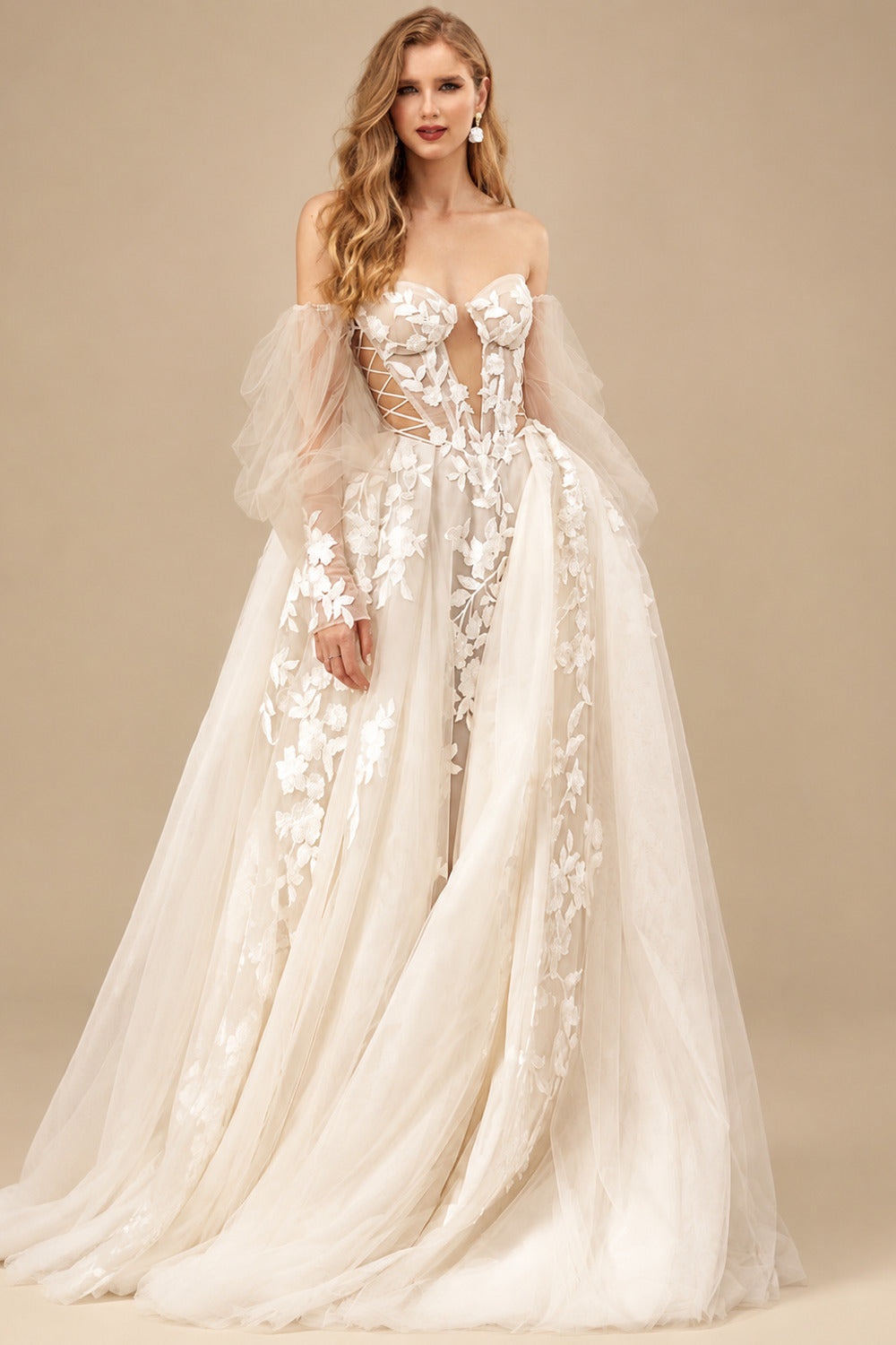 Rutipo As Picture Boho Lace Tulle Off-The-Shoulder Long Sleeves Wedding Dresses