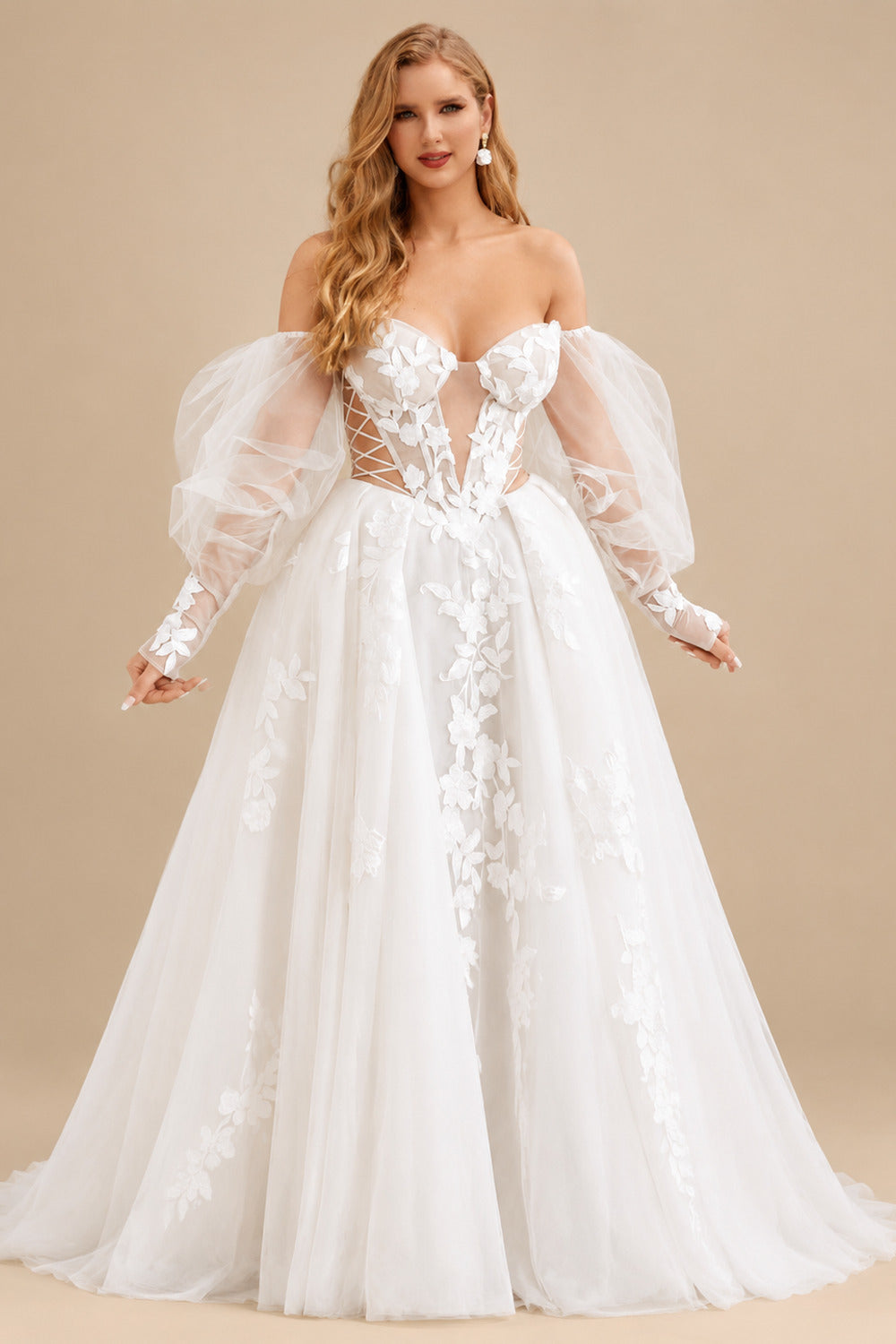Rutipo Ivory Boho Lace Tulle Off-The-Shoulder Long Sleeves Wedding Dresses