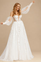 Rutipo Ivory Boho Lace Tulle Off-The-Shoulder Long Sleeves Wedding Dresses