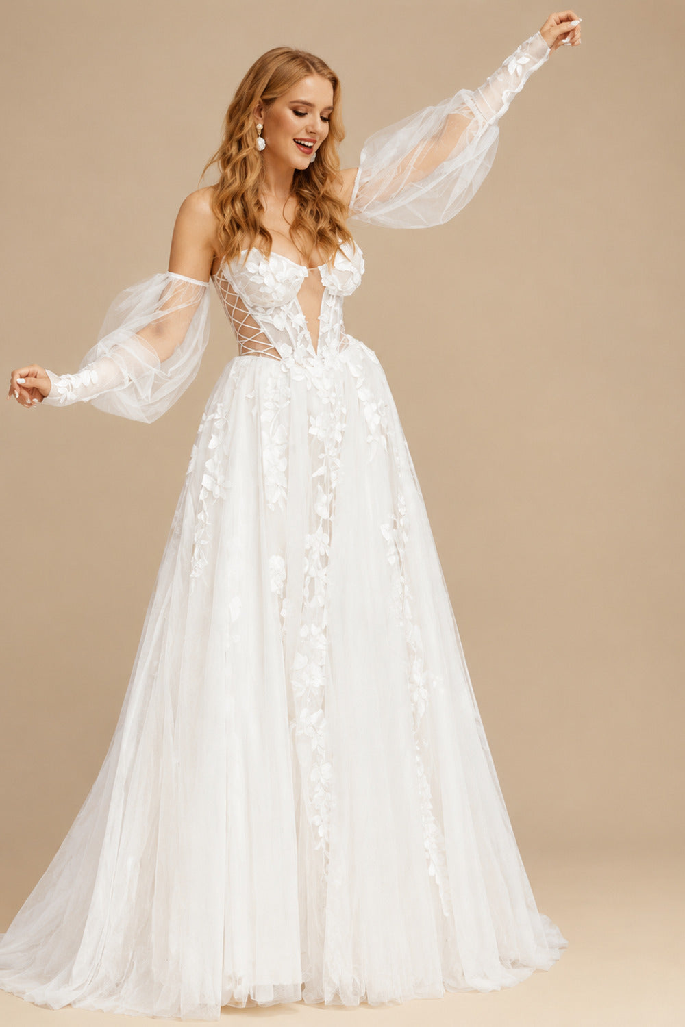 Rutipo Ivory Boho Lace Tulle Off-The-Shoulder Long Sleeves Wedding Dresses