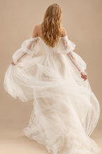 Rutipo Ivory Boho Tulle Off-The-Shoulder Long Sleeves A-Line Wedding Dresses