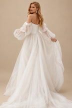 Rutipo Ivory Boho Tulle Off-The-Shoulder Long Sleeves A-Line Wedding Dresses