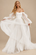 Rutipo Ivory Boho Tulle Off-The-Shoulder Long Sleeves A-Line Wedding Dresses
