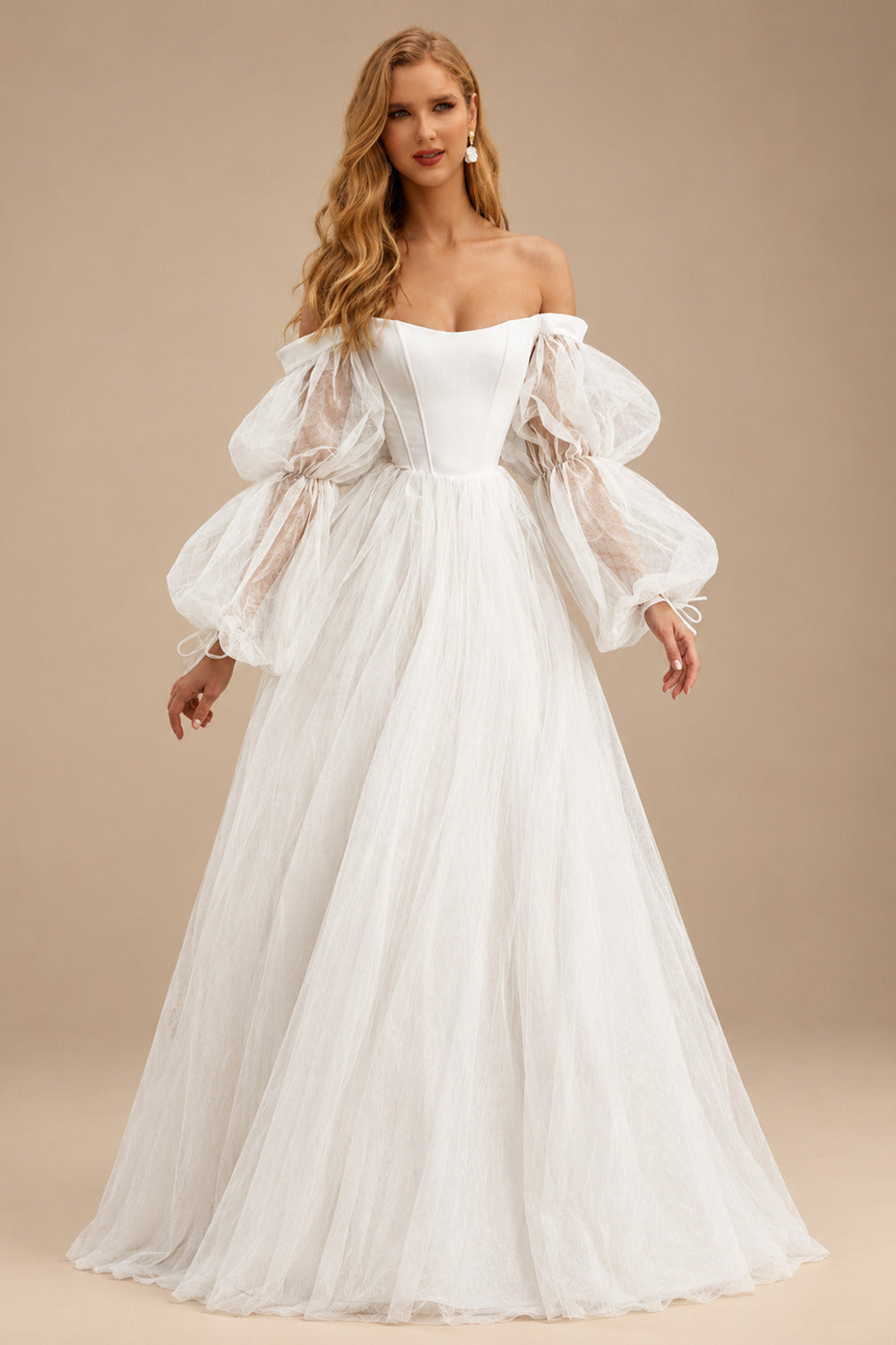 Rutipo Ivory Boho Tulle Off-The-Shoulder Long Sleeves A-Line Wedding Dresses