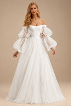 Rutipo Ivory Boho Tulle Off-The-Shoulder Long Sleeves A-Line Wedding Dresses