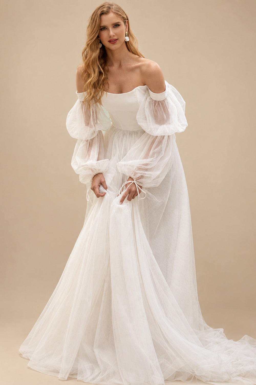 Rutipo Ivory Boho Tulle Off-The-Shoulder Long Sleeves A-Line Wedding Dresses