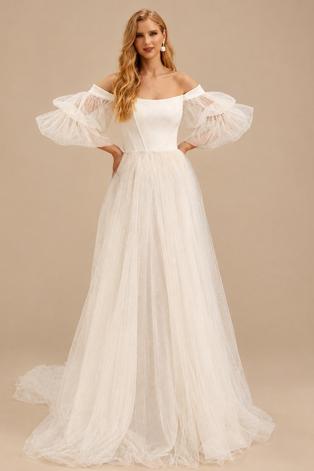 Rutipo Ivory Boho Tulle Off-The-Shoulder Long Sleeves A-Line Wedding Dresses