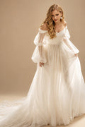 Rutipo Ivory Boho Tulle Off-The-Shoulder Long Sleeves A-Line Wedding Dresses
