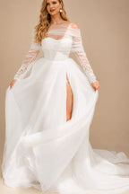 Rutipo White Boho Beach Tulle A-Line Slit Wedding Dresses