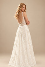Rutipo Ivory A-Line V-Neck Sleeveless Sweep Train Lace Wedding Dresses