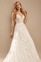Rutipo Ivory A-Line V-Neck Sleeveless Sweep Train Lace Wedding Dresses