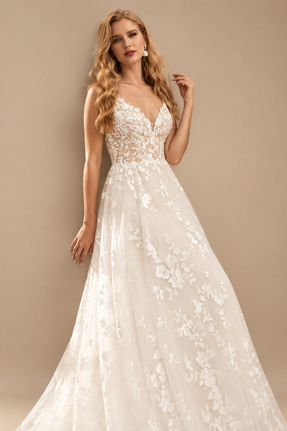 Rutipo Ivory A-Line V-Neck Sleeveless Sweep Train Lace Wedding Dresses