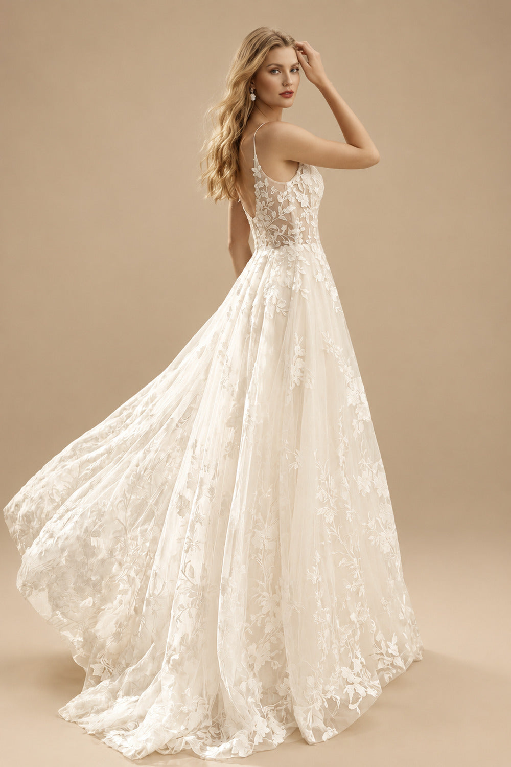 Rutipo Ivory A-Line V-Neck Sleeveless Sweep Train Lace Wedding Dresses