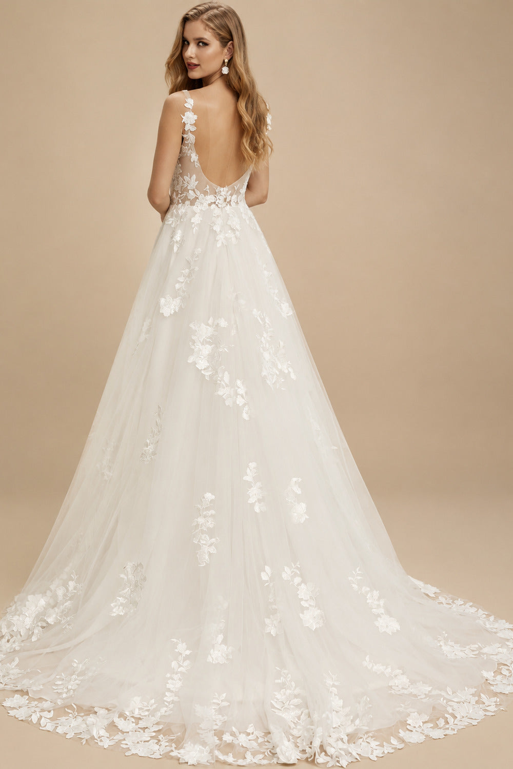 Rutipo Ivory A-Line V-Neck Sleeveless Sweep Train Lace Wedding Dresses