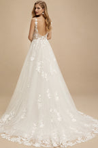 Rutipo Ivory A-Line V-Neck Sleeveless Sweep Train Lace Wedding Dresses