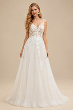 Rutipo Ivory A-Line V-Neck Sleeveless Sweep Train Lace Wedding Dresses