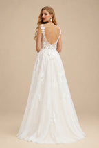 Rutipo Ivory A-Line V-Neck Sleeveless Sweep Train Lace Wedding Dresses