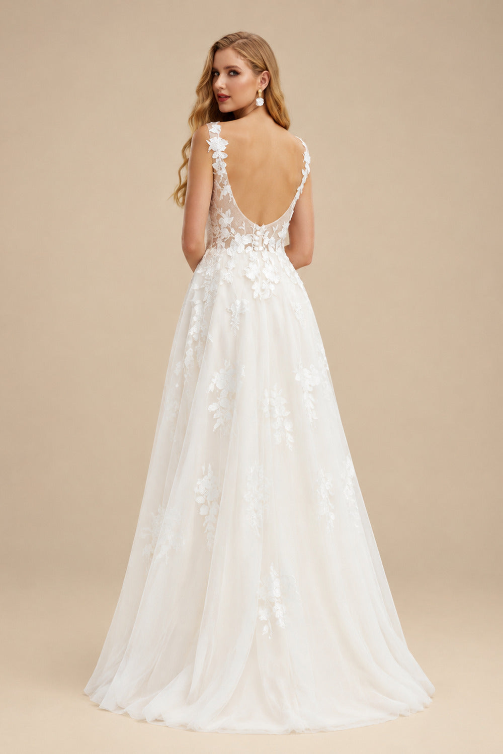 Rutipo Ivory A-Line V-Neck Sleeveless Sweep Train Lace Wedding Dresses