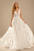 Rutipo Ivory A-Line V-Neck Sleeveless Sweep Train Lace Wedding Dresses