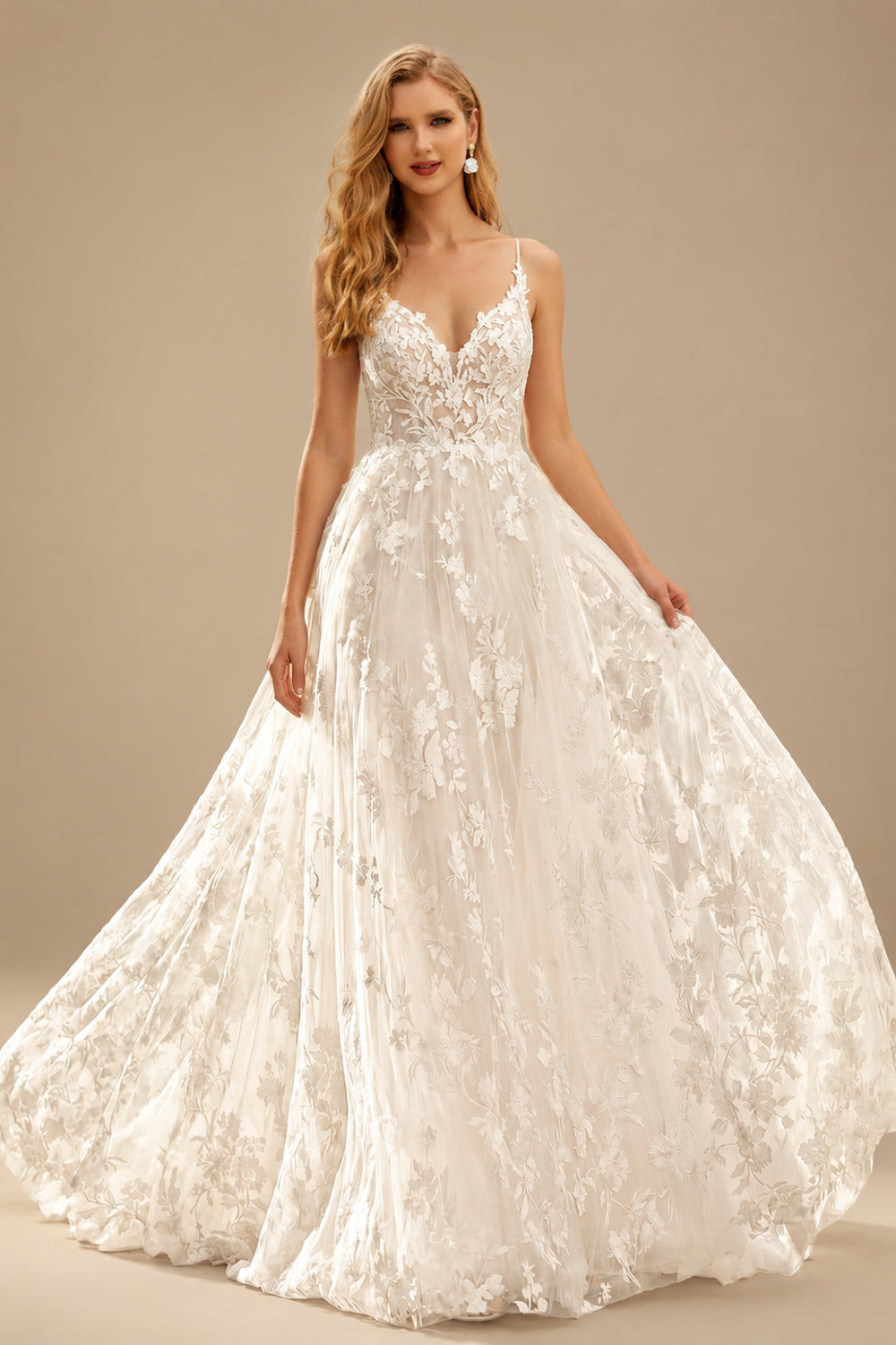 Rutipo Ivory A-Line V-Neck Sleeveless Sweep Train Lace Wedding Dresses