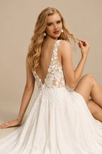Rutipo Ivory A-Line V-Neck Sleeveless Sweep Train Chiffon/Lace Wedding Dresses