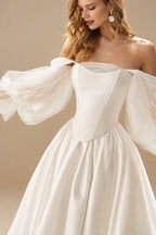 Rutipo Ivory Ball-Gown Off-The-Shoulder Long Sleeves Satin Wedding Dresses With Pleated