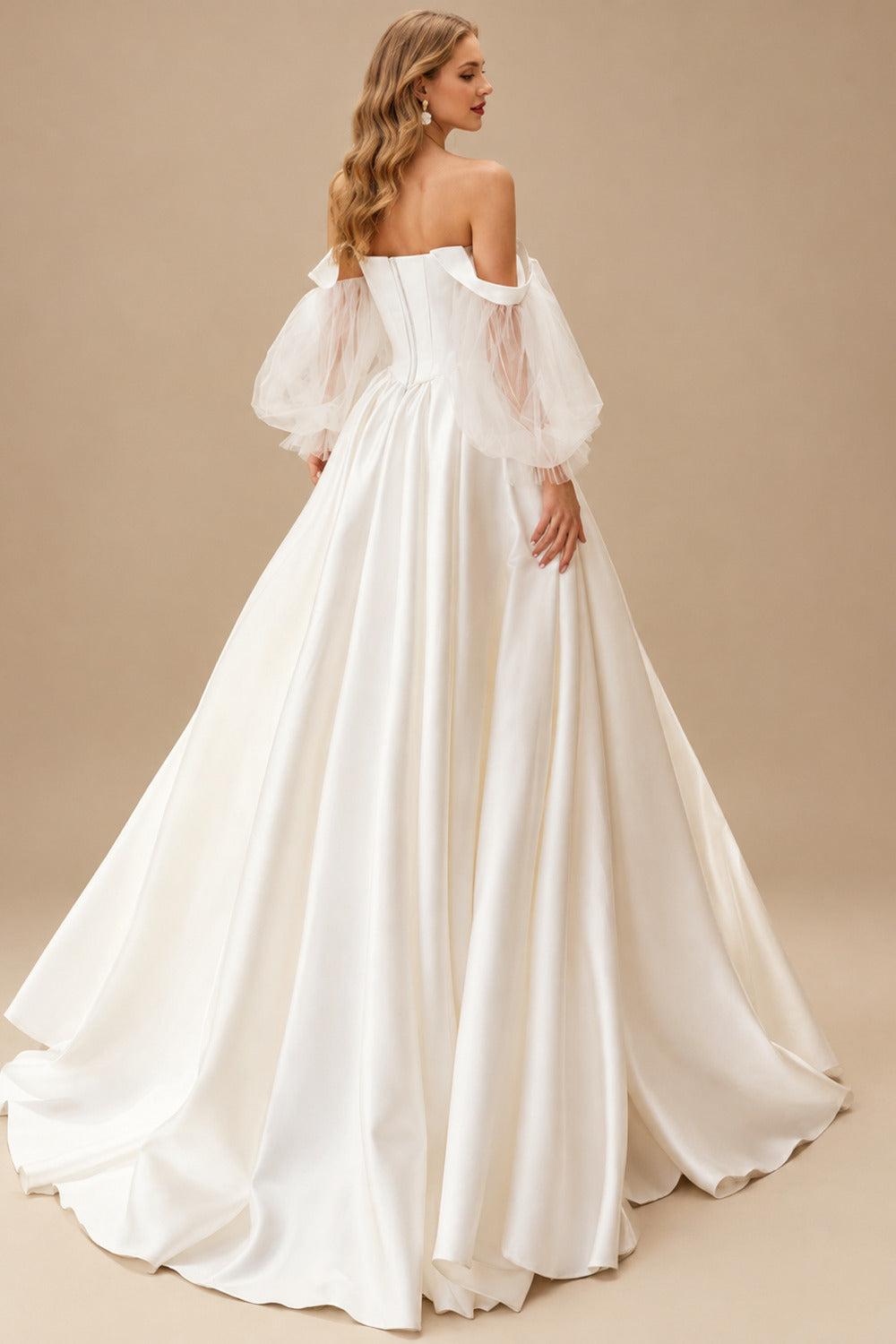 Rutipo Ivory Ball-Gown Off-The-Shoulder Long Sleeves Satin Wedding Dresses With Pleated