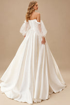 Rutipo Ivory Ball-Gown Off-The-Shoulder Long Sleeves Satin Wedding Dresses With Pleated