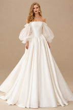 Rutipo Ivory Ball-Gown Off-The-Shoulder Long Sleeves Satin Wedding Dresses With Pleated