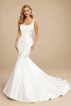 Rutipo Ivory Mermaid Square Neckline Sleeveless Court Train Elastic Satin Wedding Dresses With Lace