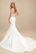 Rutipo Ivory Mermaid Square Neckline Sleeveless Court Train Elastic Satin Wedding Dresses With Lace