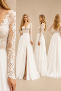 Rutipo Ivory Boho Lace A-Line V-Neck Long Sleeves Wedding Dresses With Split Front