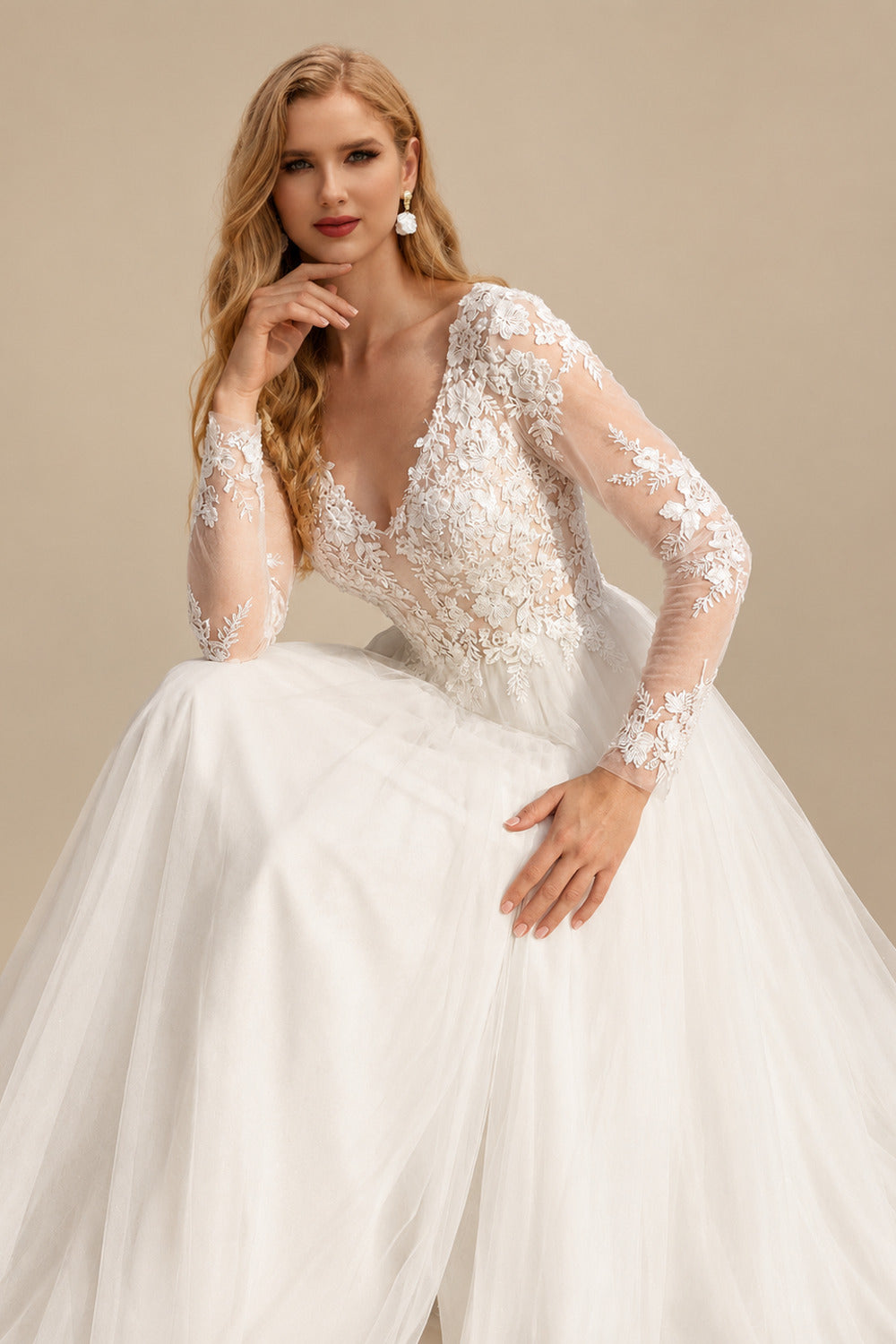 Rutipo Ivory Ball-Gown V-Neck Long Sleeves Lace/Tulle Wedding Dresses With Split Front