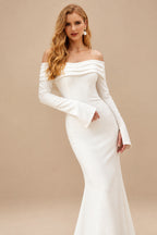 Rutipo Ivory Trumpet/Mermaid Off-The-Shoulder Long Sleeves Elastic Satin Wedding Dresses