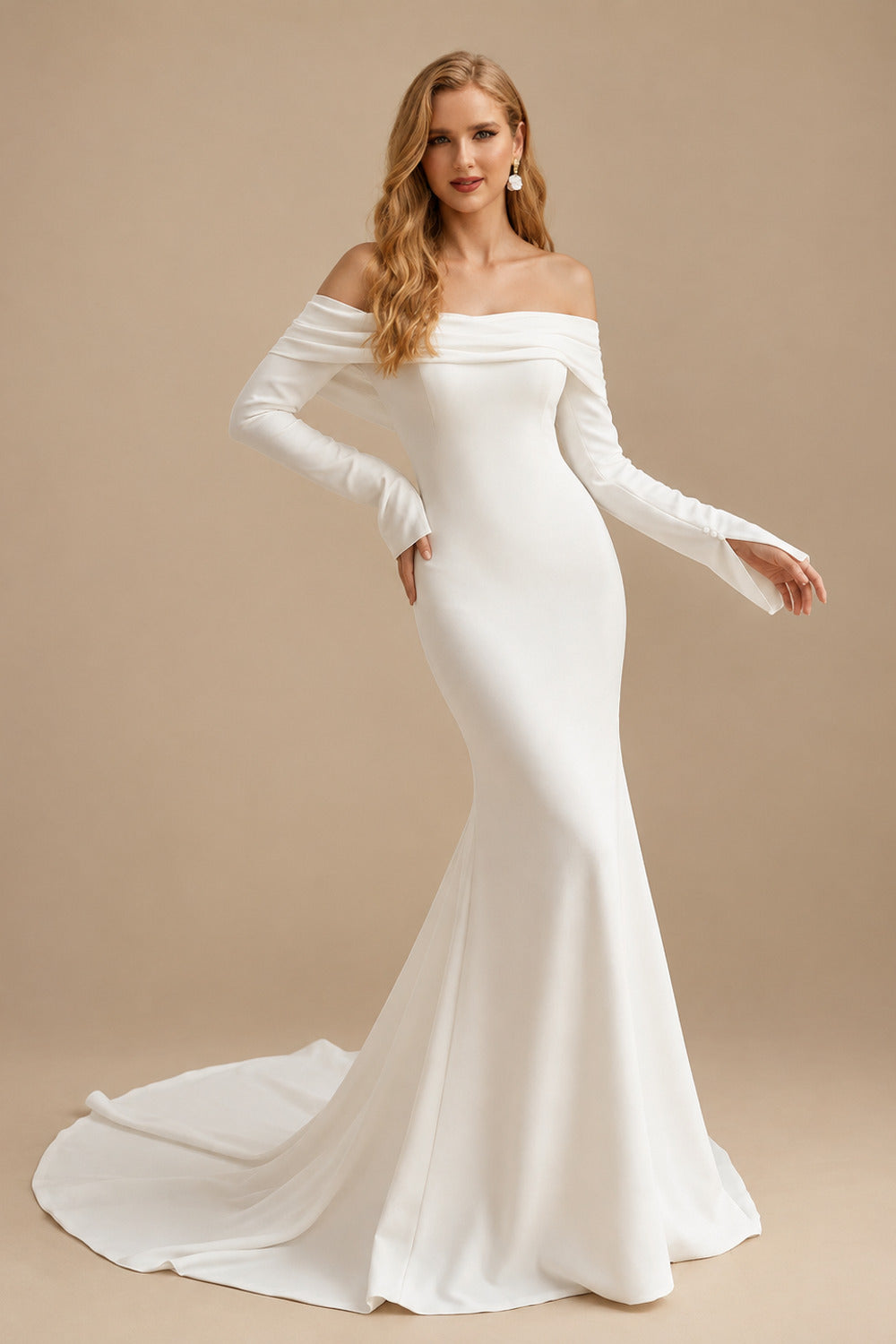 Rutipo Ivory Trumpet/Mermaid Off-The-Shoulder Long Sleeves Elastic Satin Wedding Dresses