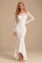 Rutipo Ivory Boho Lace Mermaid Off-The-Shoulder Wedding Dresses With Long Sleeves