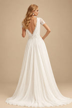 Rutipo Ivory A-Line Scoop Neck Short Sleeves Court Train Chiffon Wedding Dresses