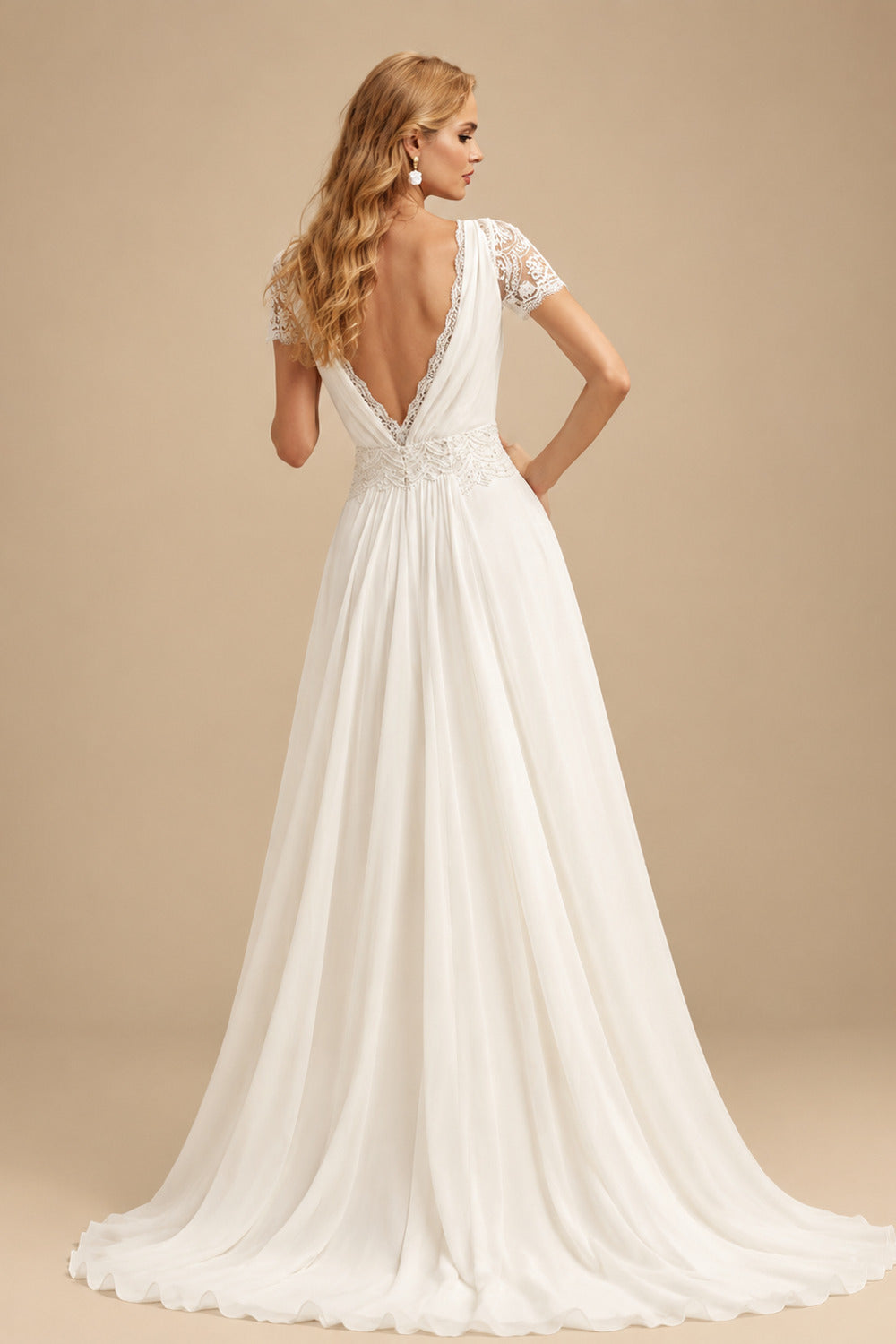 Rutipo Ivory A-Line Scoop Neck Short Sleeves Court Train Chiffon Wedding Dresses
